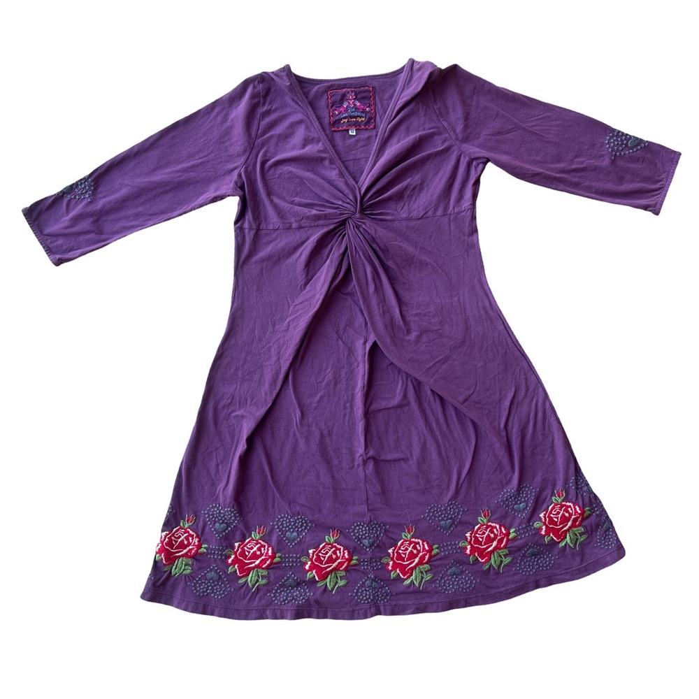 JWLA Johnny Was Purple Floral Embroidered Twist-Front Dress with 3/4 Sleeves